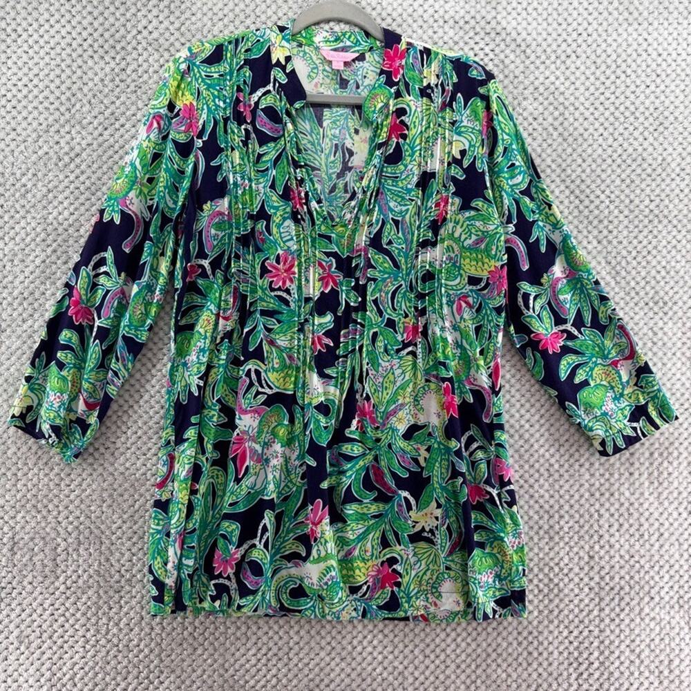 Lilly Pulitzer Top Womens S Green Floral Sarasota Pintuck Tunic V-Neck Preppy